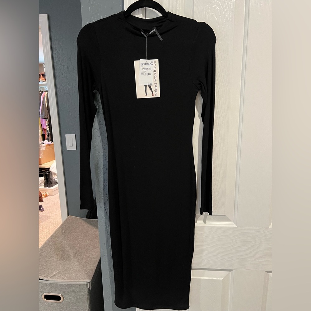 naked wardrobe Black Long Sleeve Midi Sheath Dress